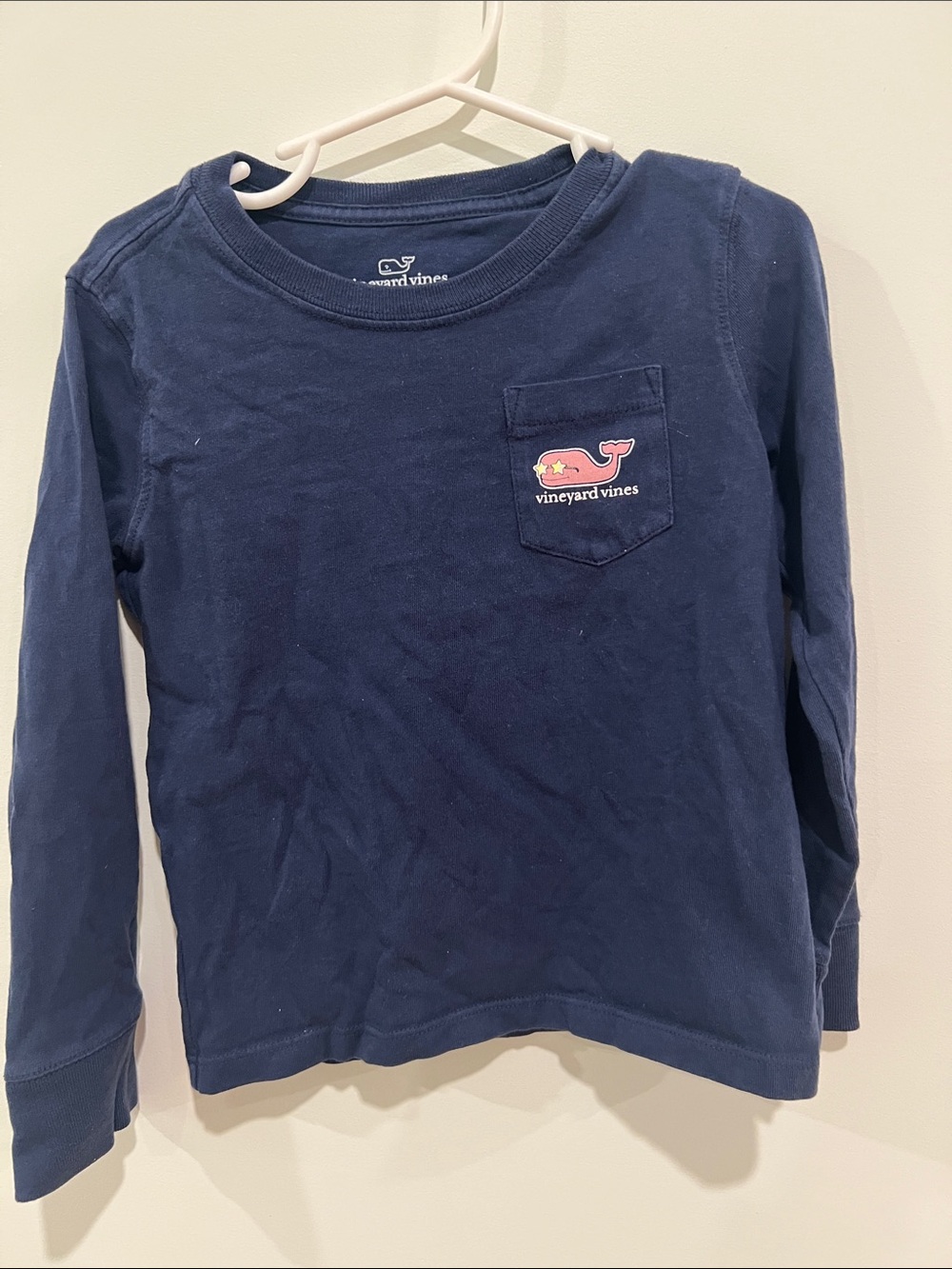 Vineyard Vines Navy Long-Sleeve Pocket Tee with Pink Whale